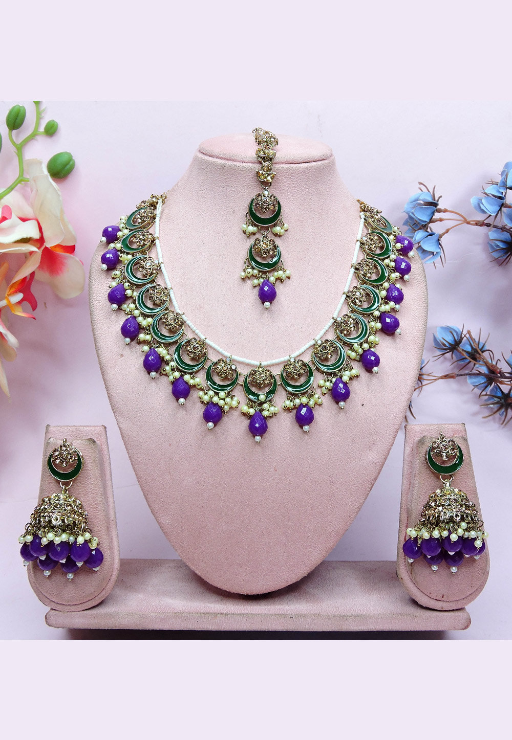 Purple Alloy Necklace Set With Earrings and Maang Tikka 312371