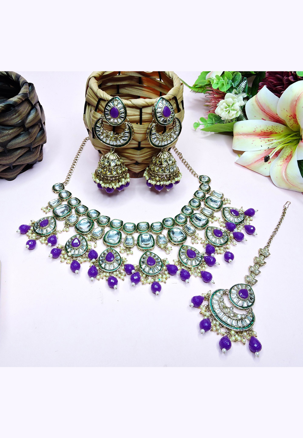 Purple Alloy Necklace Set With Earrings and Maang Tikka 312385