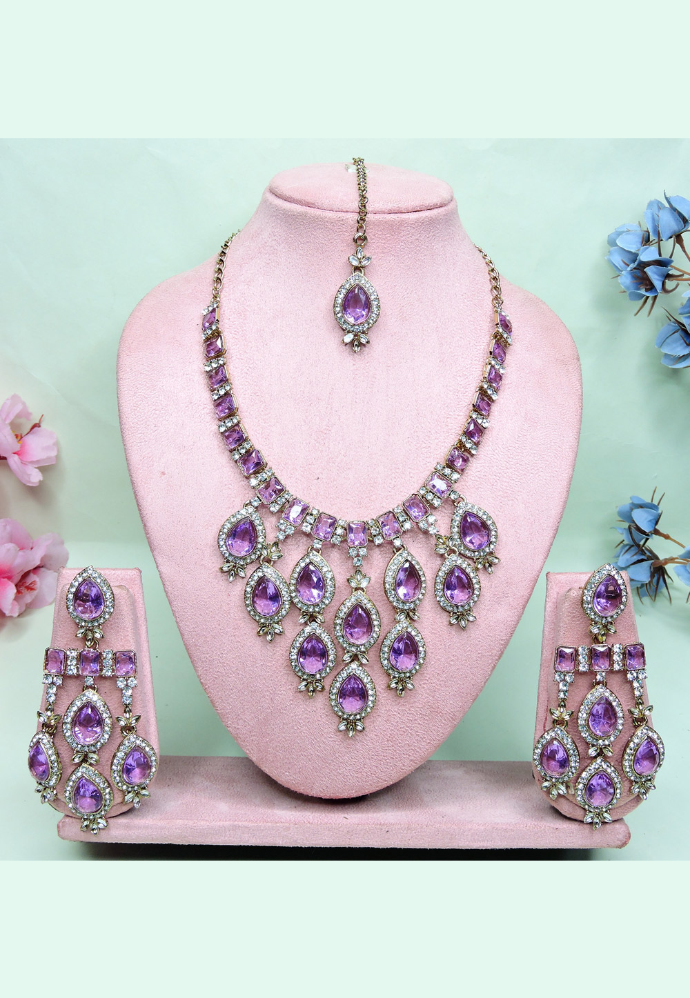Purple Alloy Necklace Set With Earrings and Maang Tikka 312392