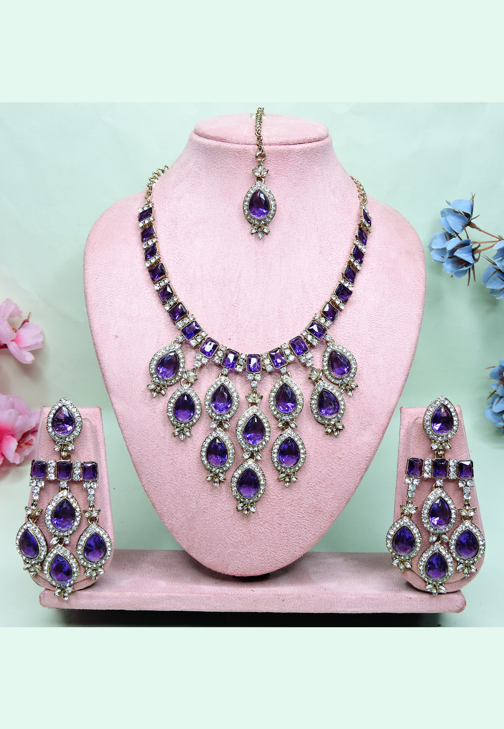 Purple Alloy Necklace Set With Earrings and Maang Tikka 312395
