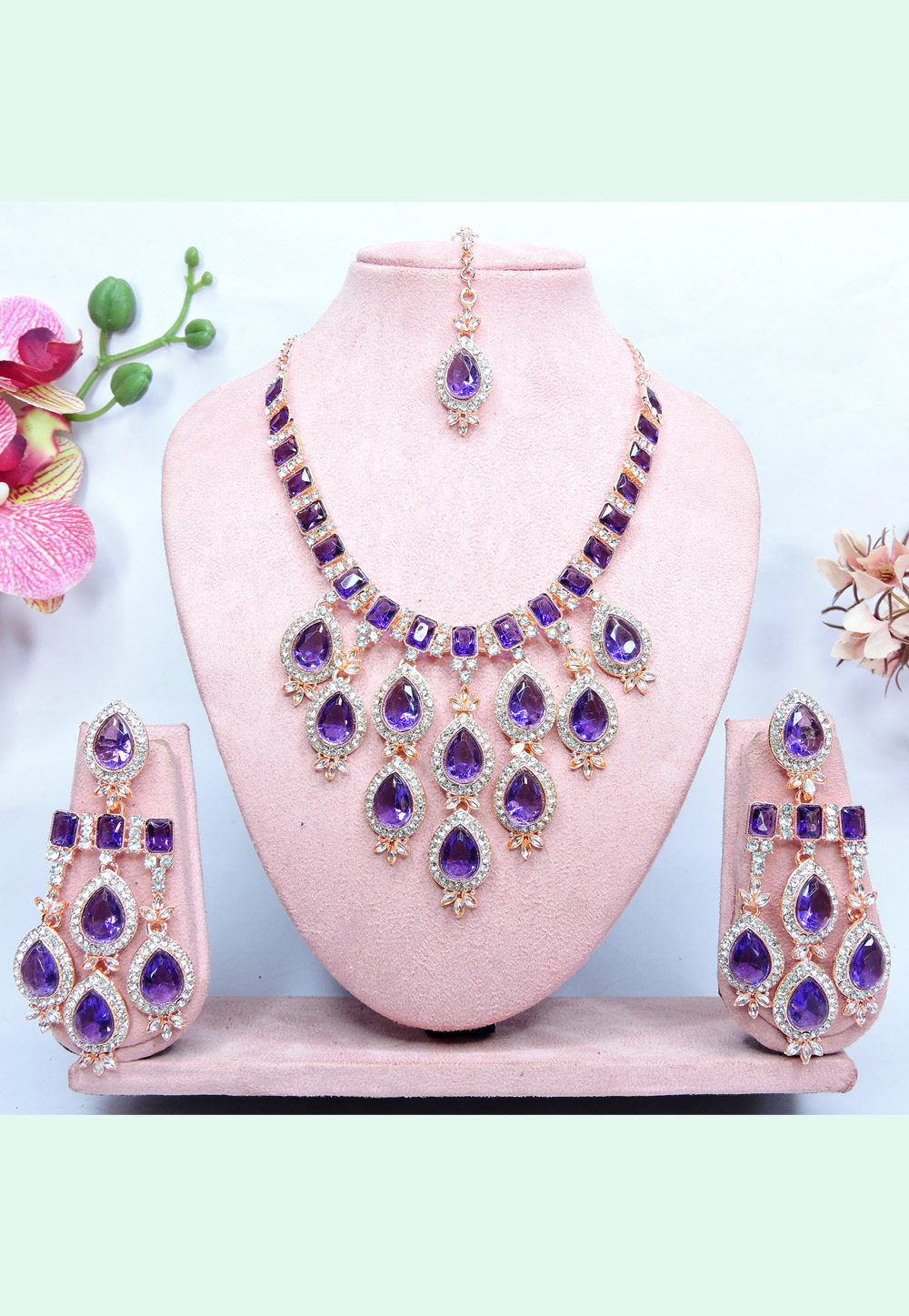 Purple Alloy Necklace Set With Earrings and Maang Tikka 312406