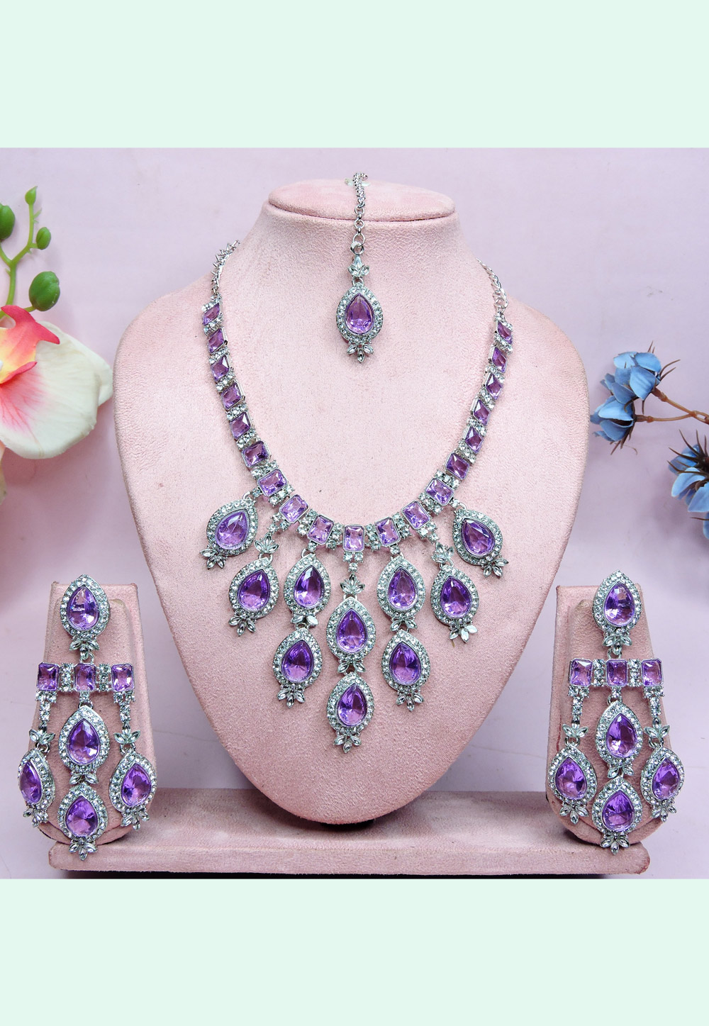 Purple Alloy Necklace Set With Earrings and Maang Tikka 312414