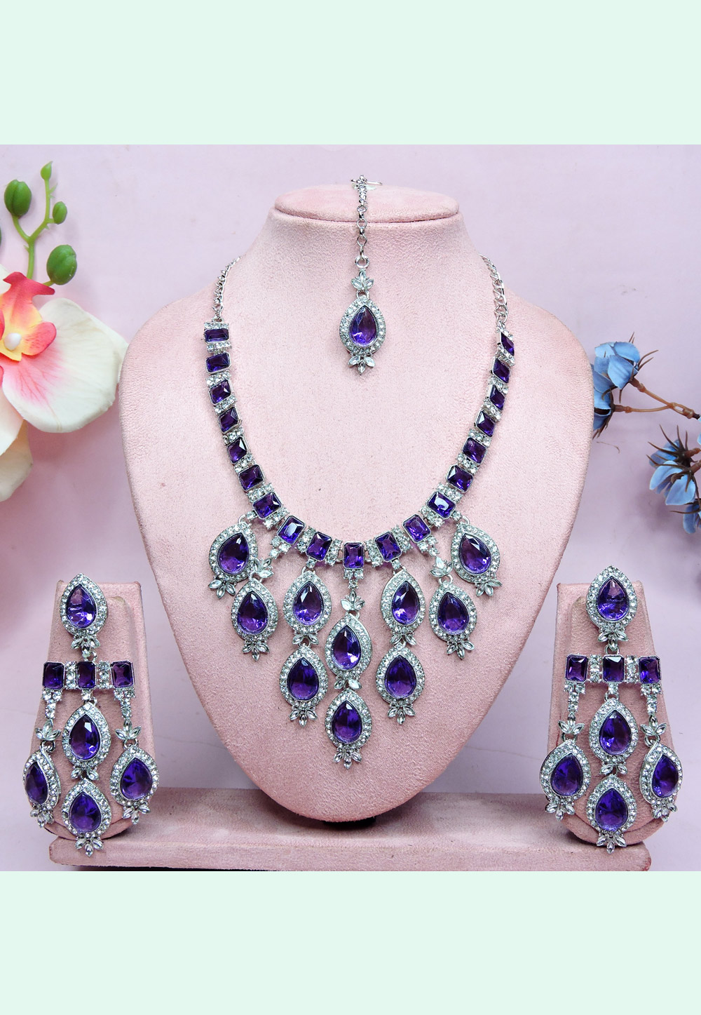 Purple Alloy Necklace Set With Earrings and Maang Tikka 312417