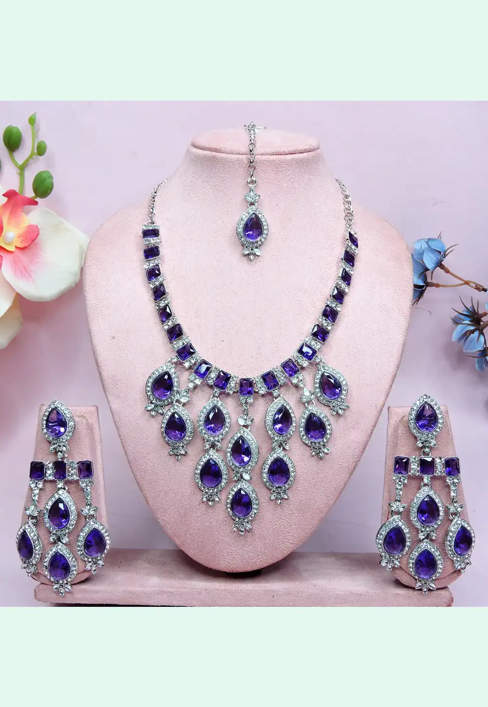 Purple Alloy Necklace Set With Earrings and Maang Tikka 312417