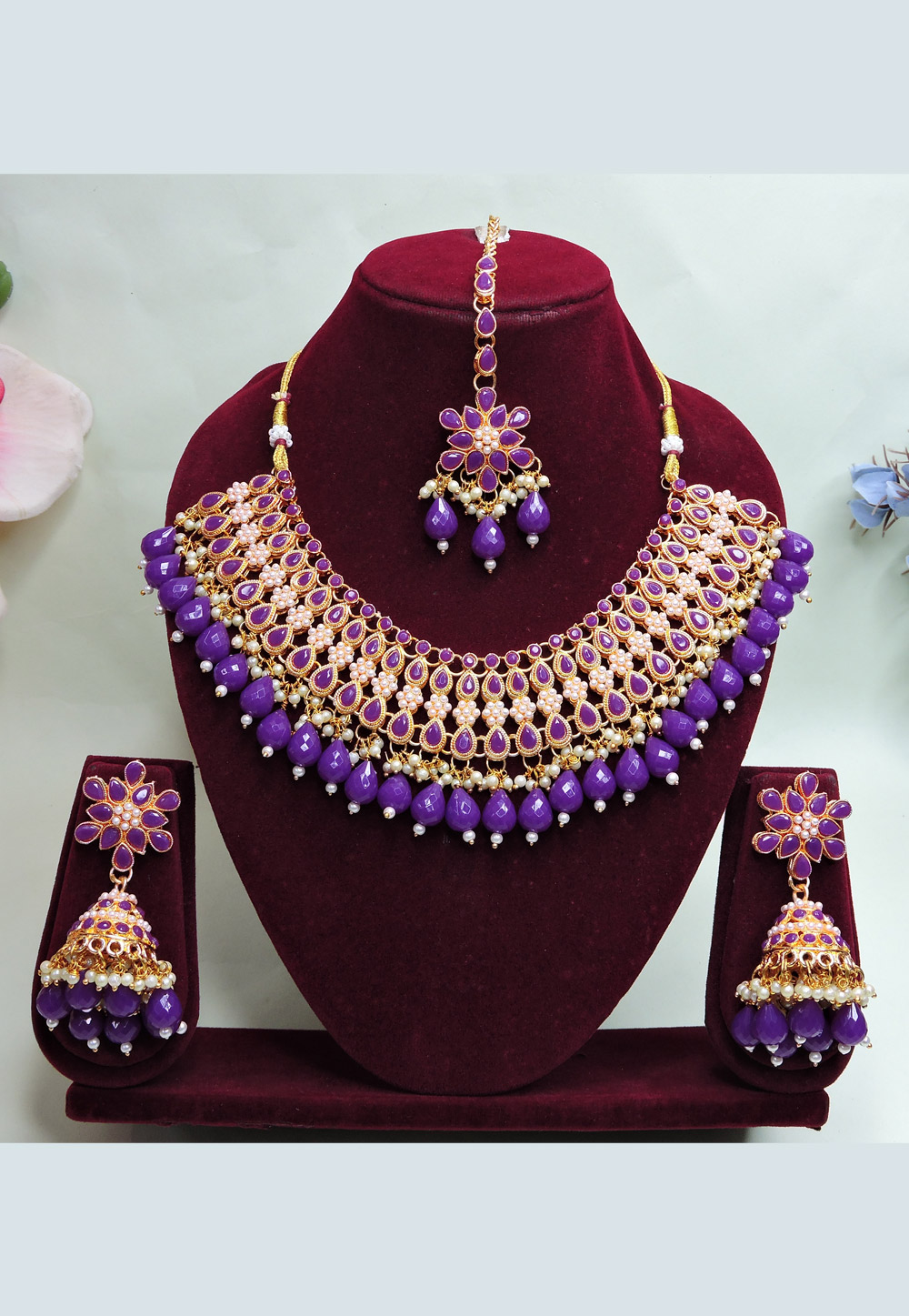 Purple Alloy Necklace Set With Earrings and Maang Tikka 312428