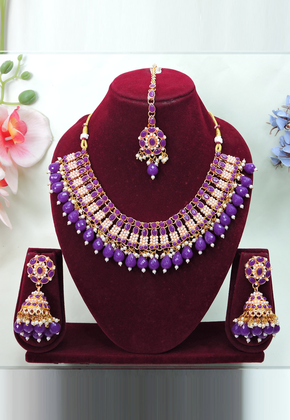 Purple Alloy Necklace Set With Earrings and Maang Tikka 312598