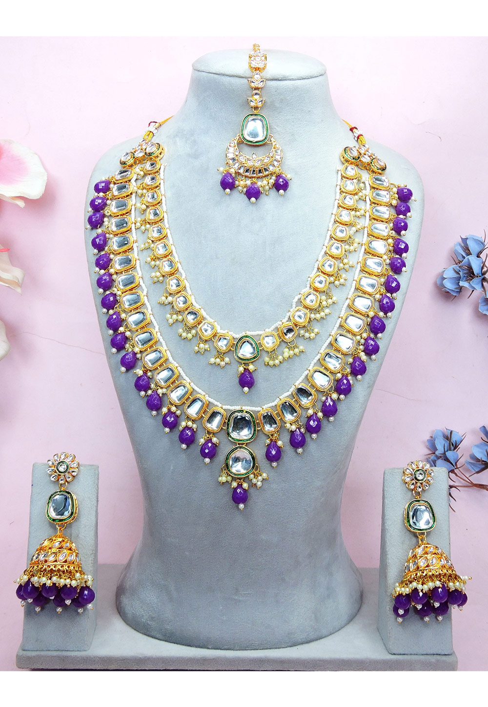 Purple Alloy Necklace Set With Earrings and Maang Tikka 312777