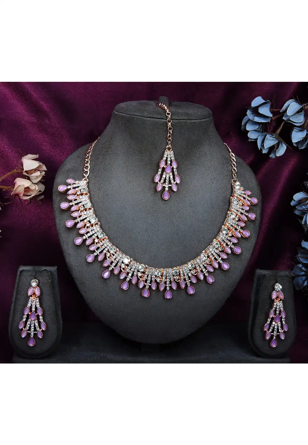 Purple Alloy Necklace Set With Earrings and Maang Tikka 328431