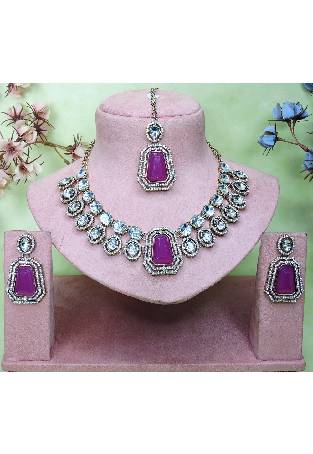 Purple Alloy Necklace Set With Earrings and Maang Tikka 329838