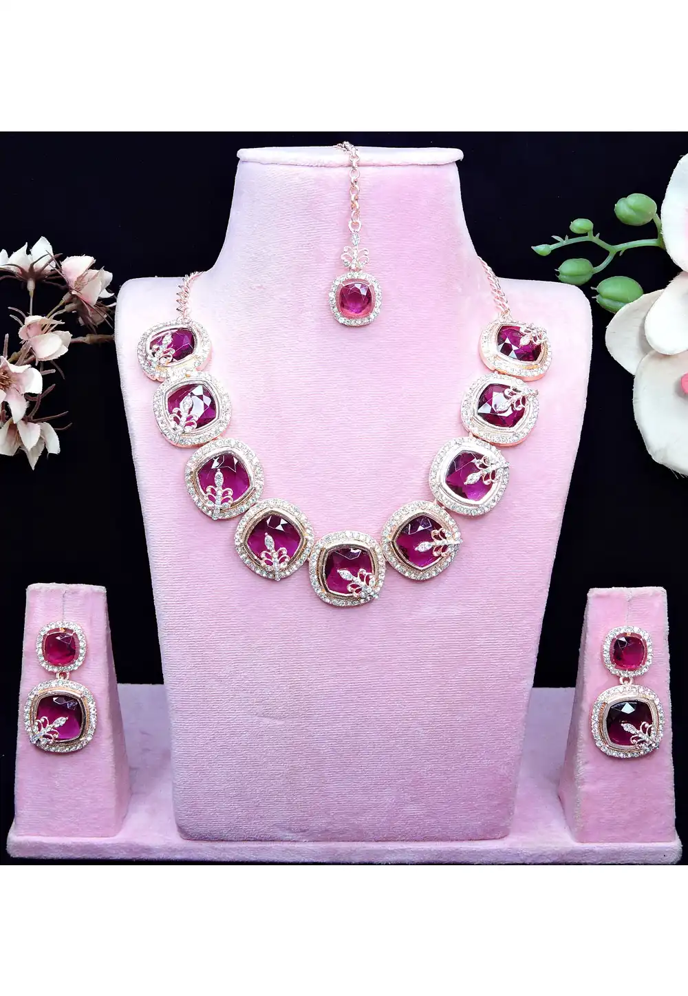 Purple Alloy Necklace Set With Earrings and Maang Tikka 329868