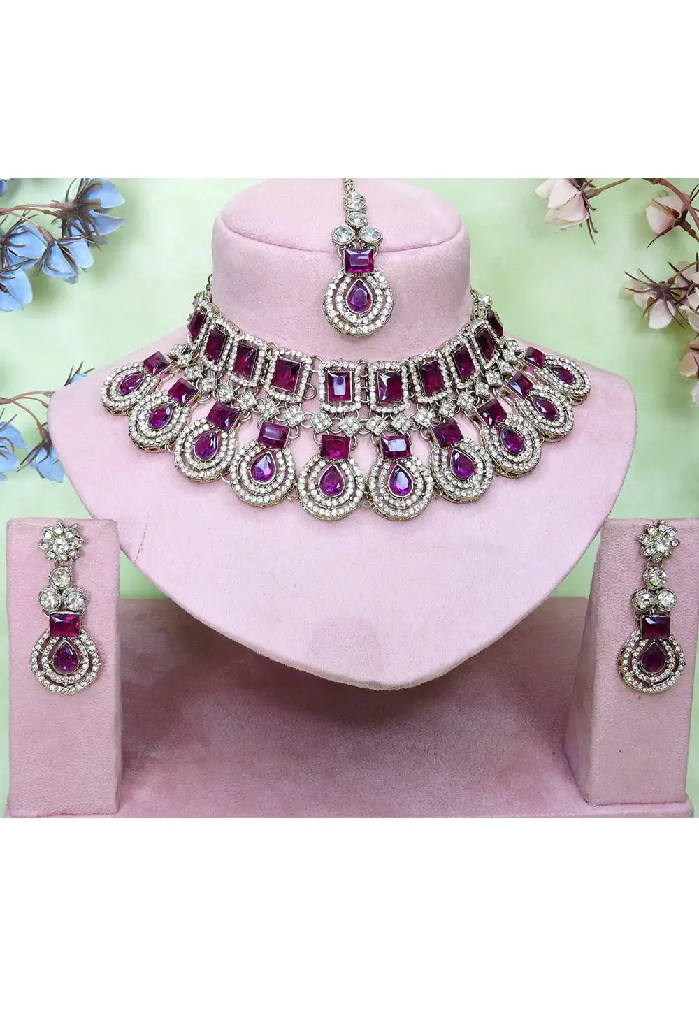 Purple Alloy Necklace Set With Earrings and Maang Tikka 329445