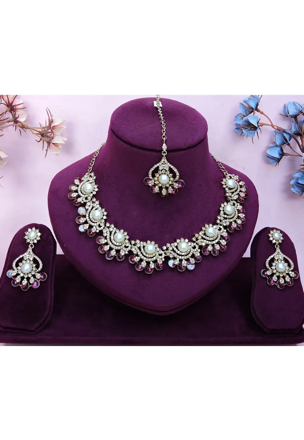 Purple Alloy Necklace Set With Earrings and Maang Tikka 332150