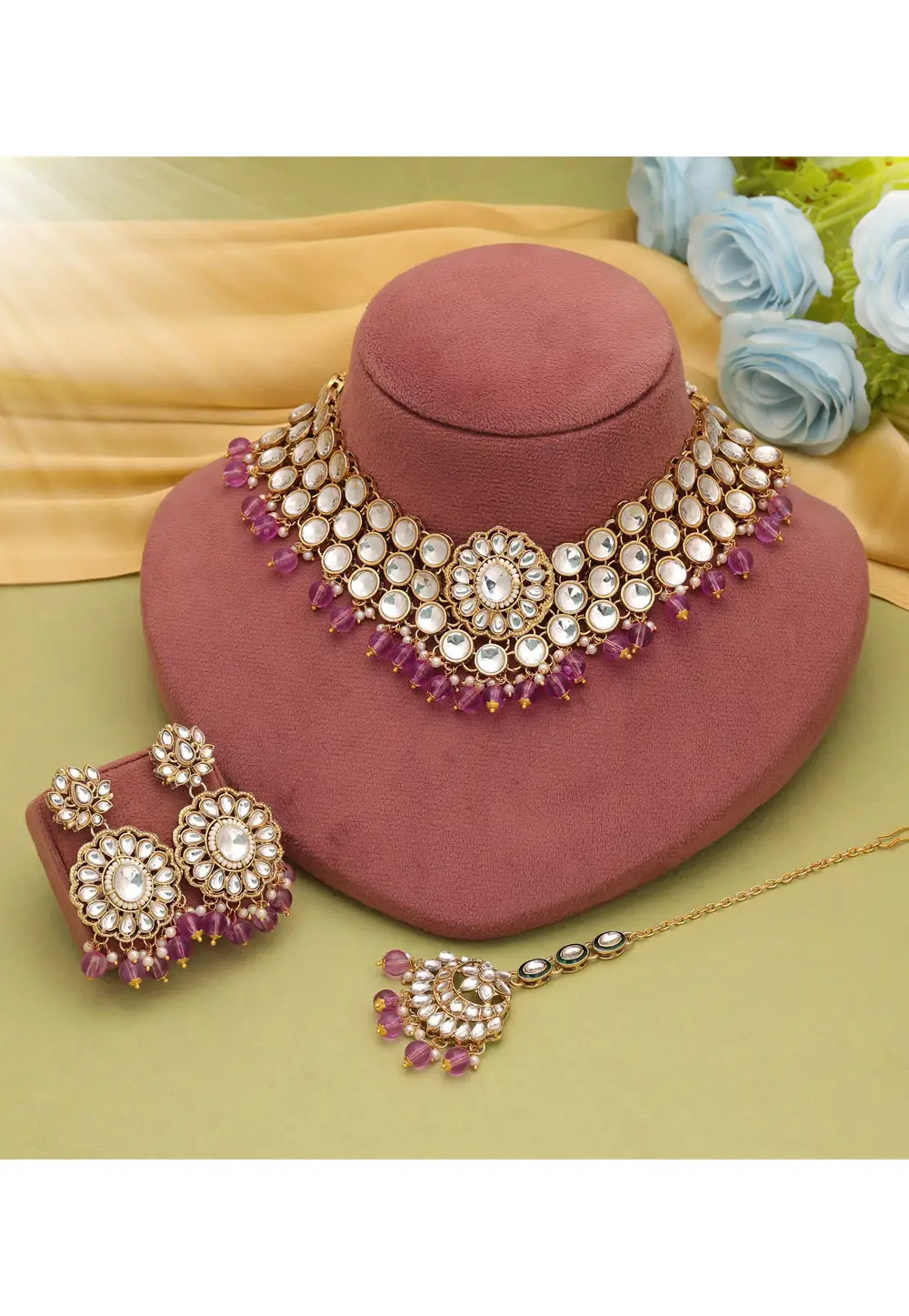 Purple Alloy Necklace Set With Earrings and Maang Tikka 335234