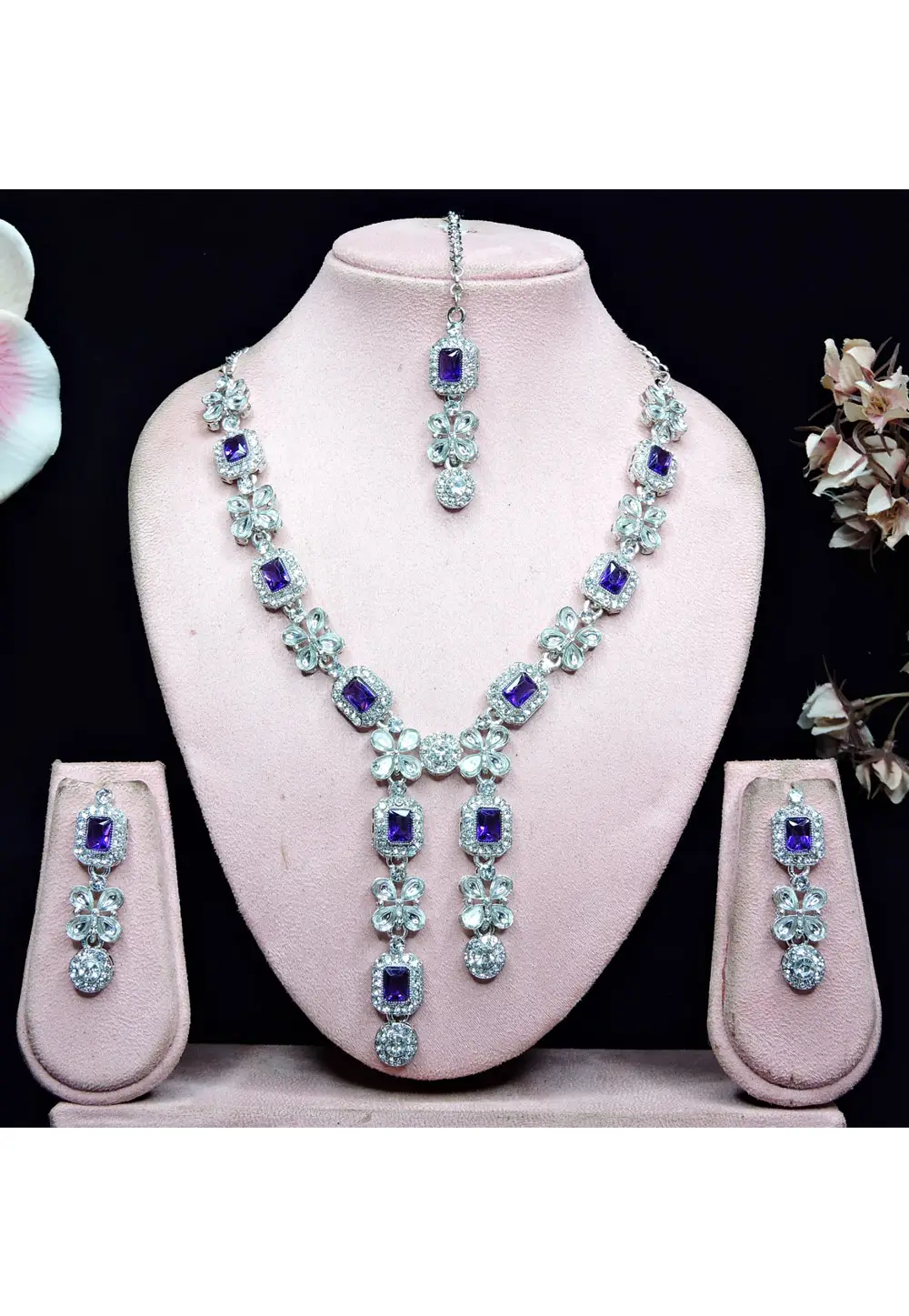 Purple Alloy Necklace Set With Earrings and Maang Tikka 336164