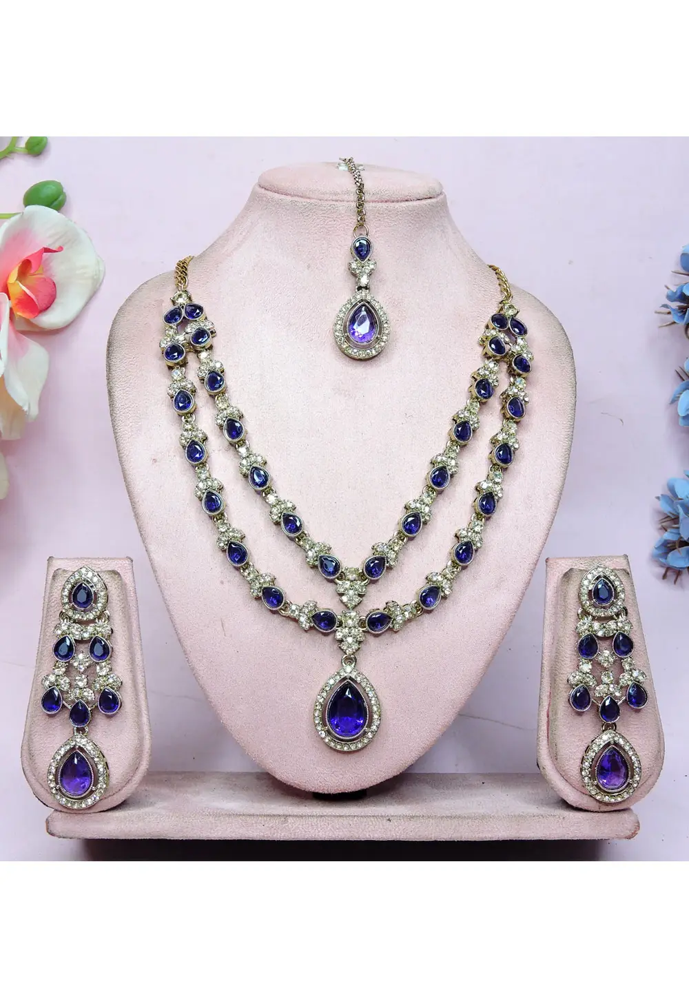 Purple Alloy Necklace Set With Earrings and Maang Tikka 336723