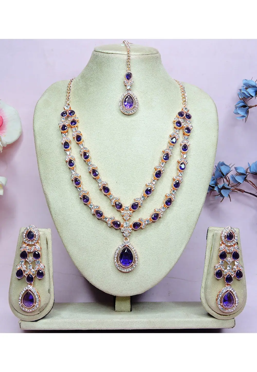 Purple Alloy Necklace Set With Earrings and Maang Tikka 336735