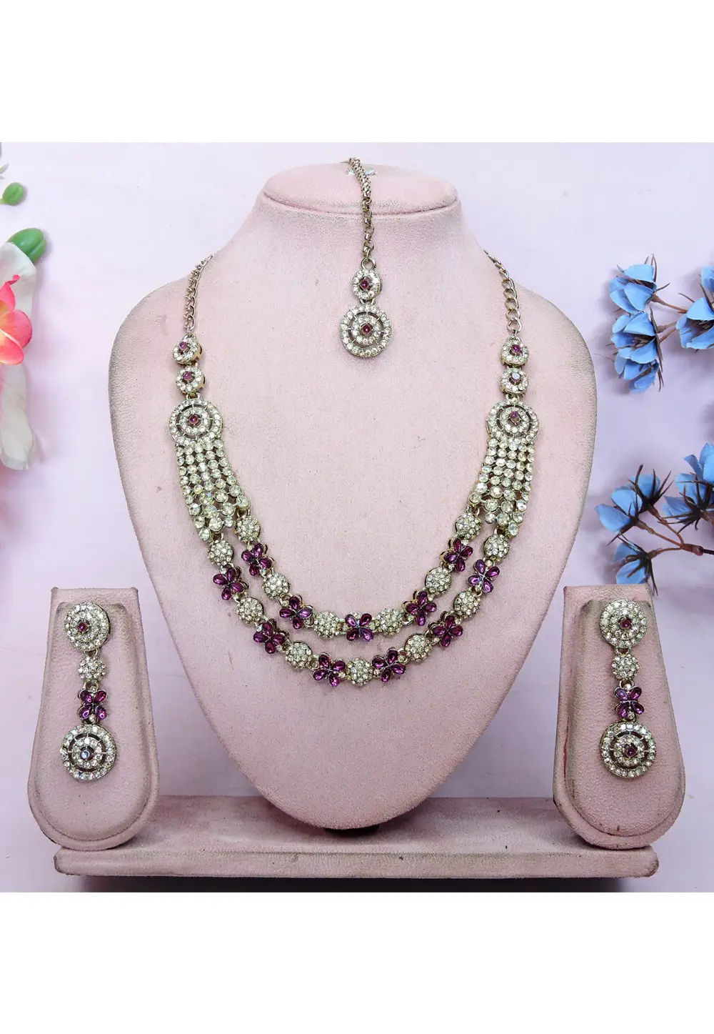 Purple Alloy Necklace Set With Earrings and Maang Tikka 337078