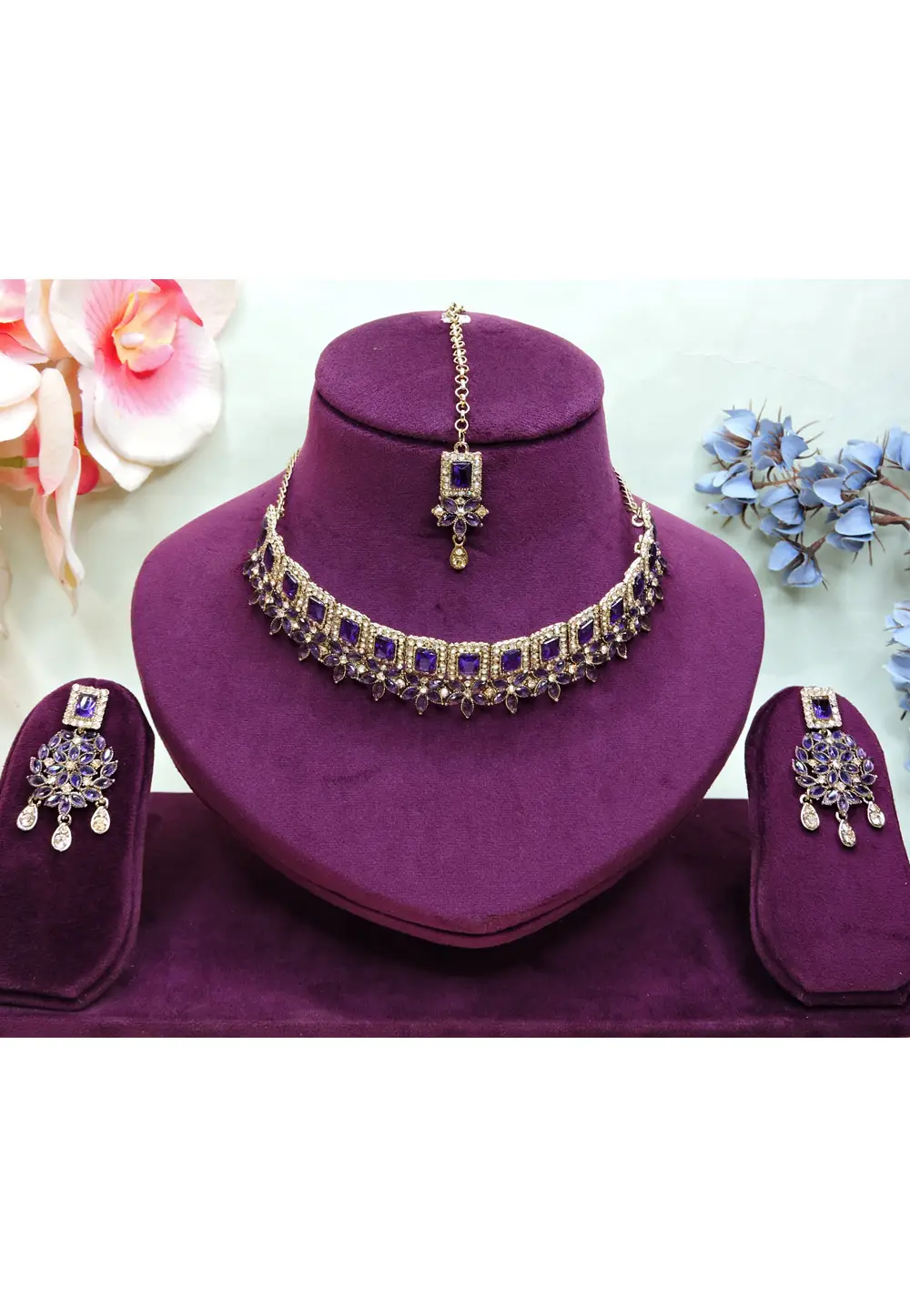 Purple Alloy Necklace Set With Earrings and Maang Tikka 337091