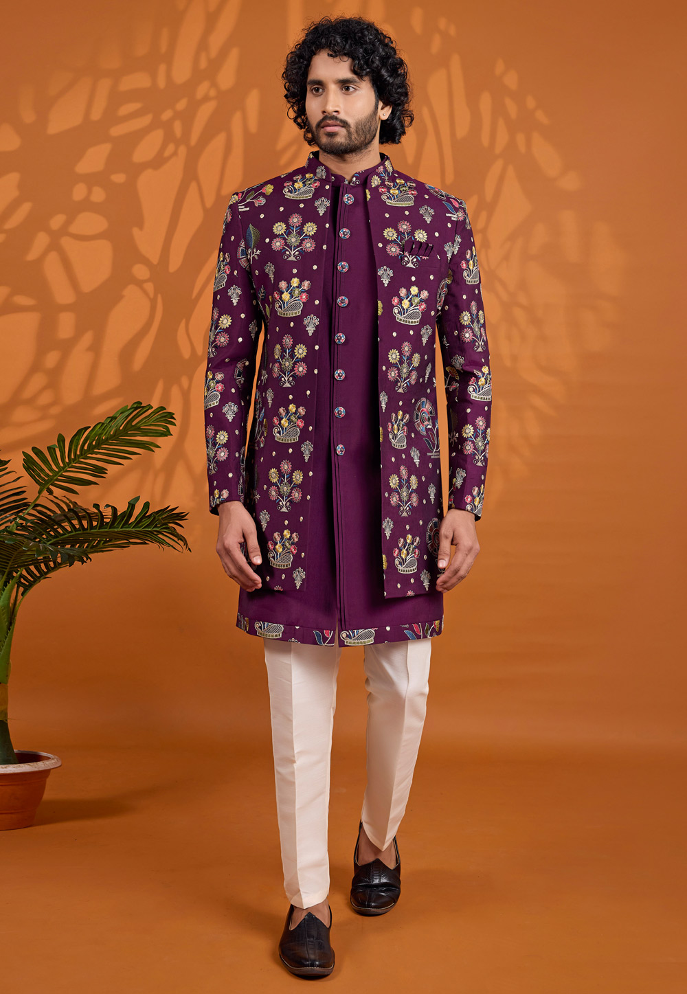 Purple Art Silk Jacket Style Sherwani 330244