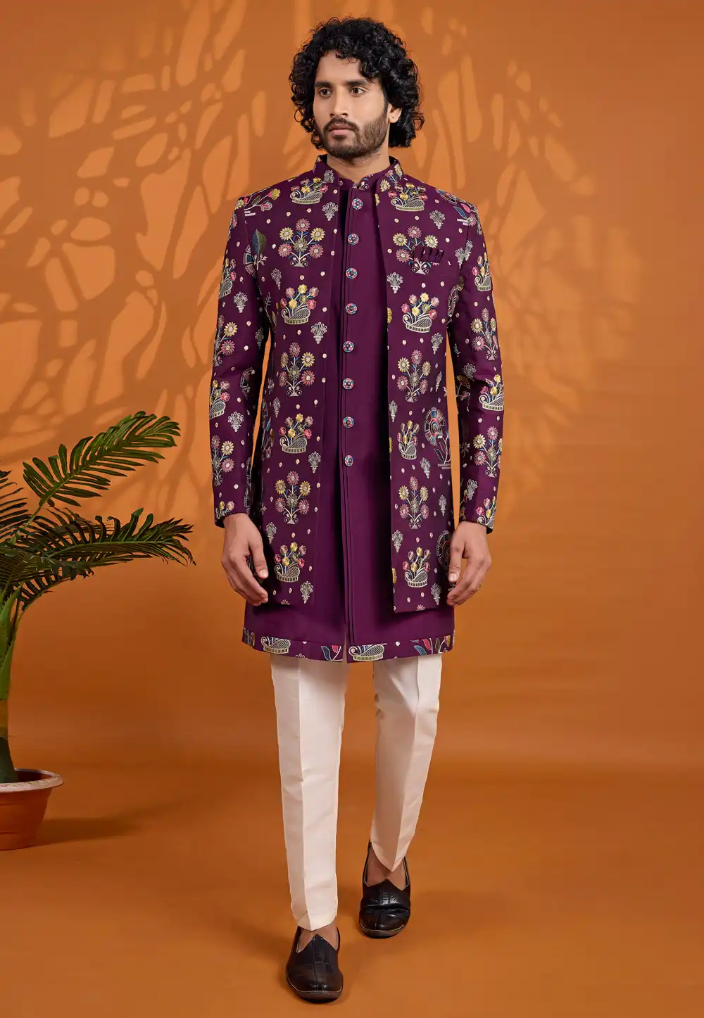 Purple Art Silk Jacket Style Sherwani 330244