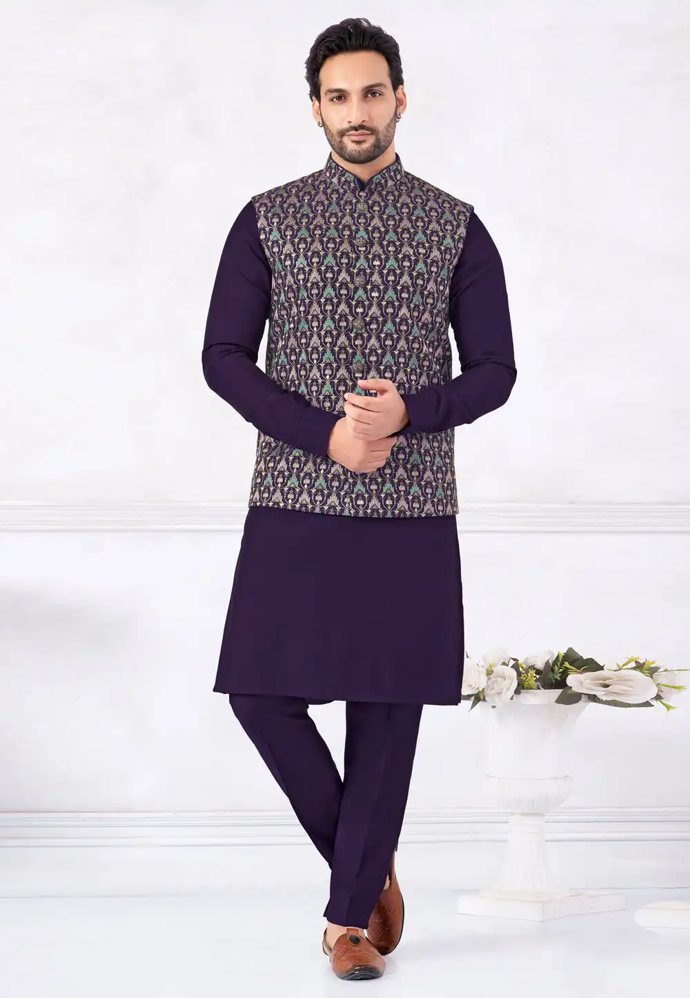 Purple Art Silk Kurta Pajama With Jacket 322296