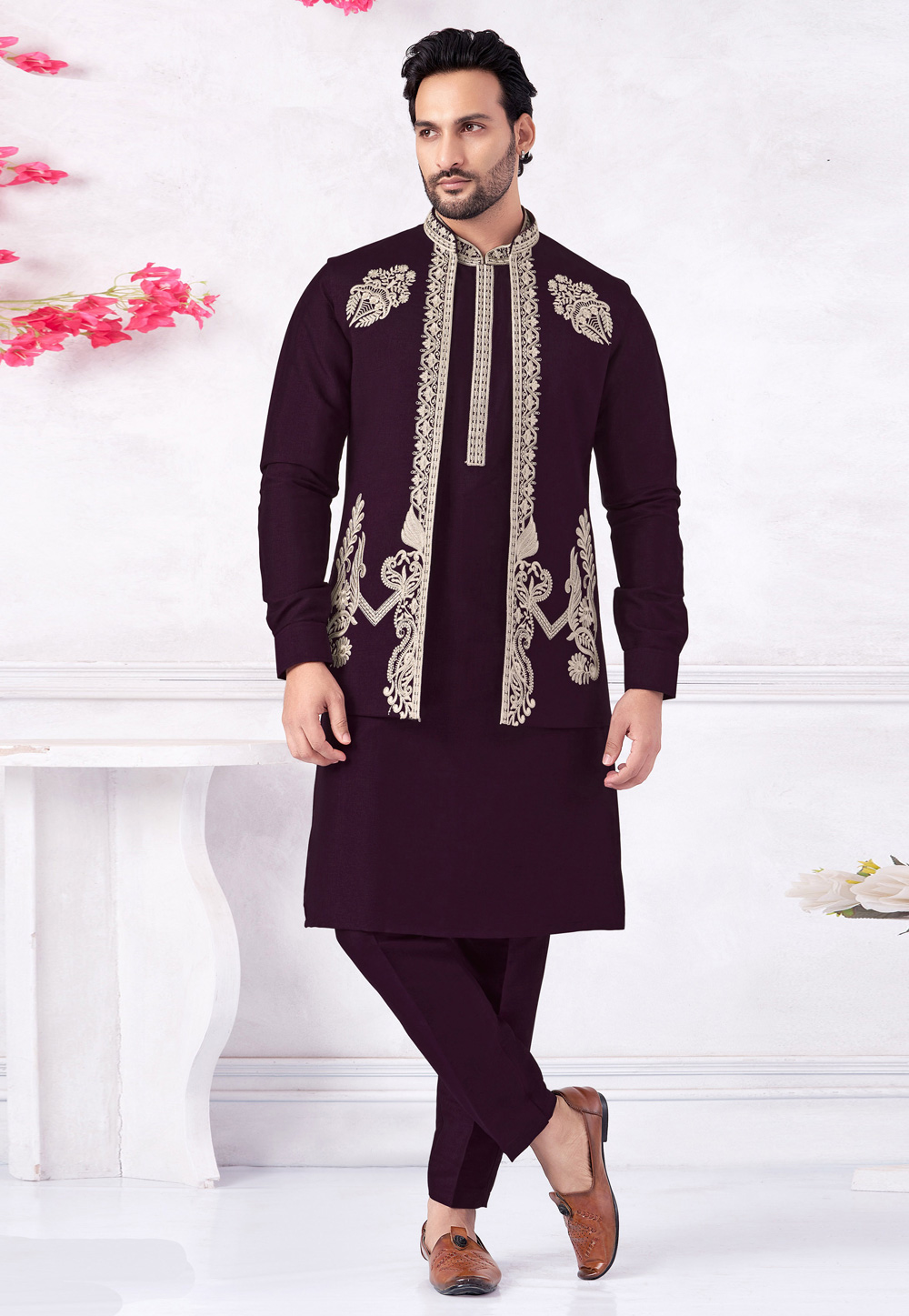 Purple Art Silk Kurta Pajama With Jacket 322308