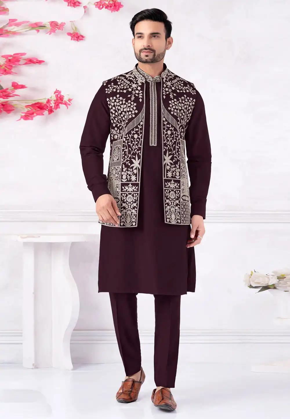 Purple Art Silk Kurta Pajama With Jacket 322310