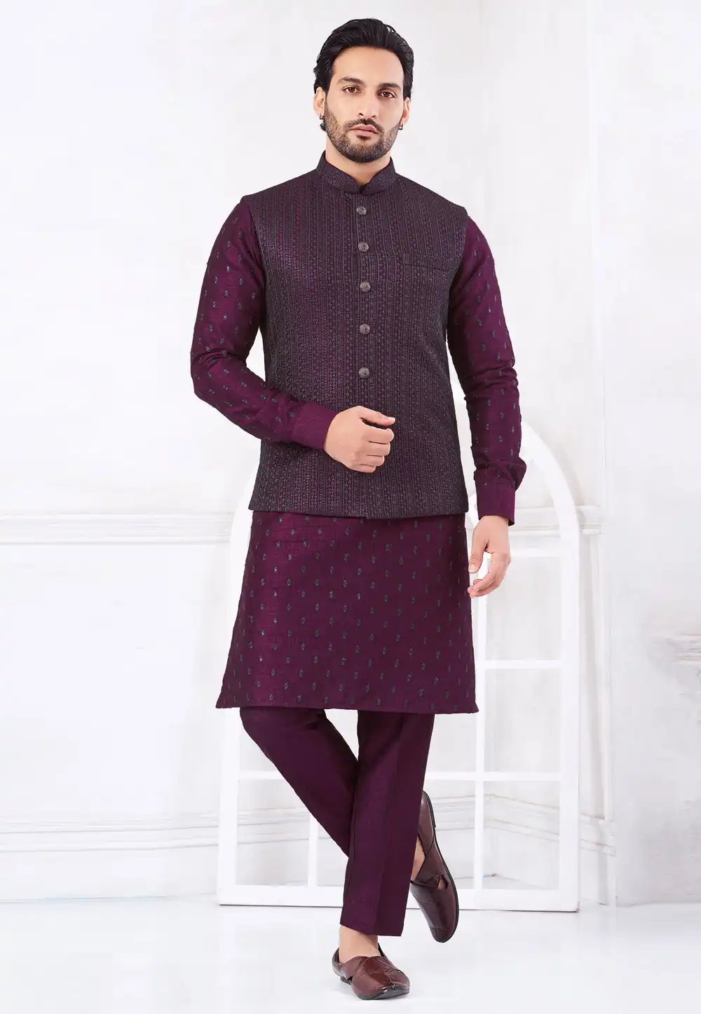 Purple Art Silk Kurta Pajama With Jacket 322340
