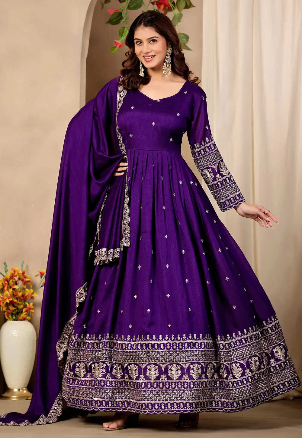 Purple Art Silk Readymade Long Anarkali Suit 334588