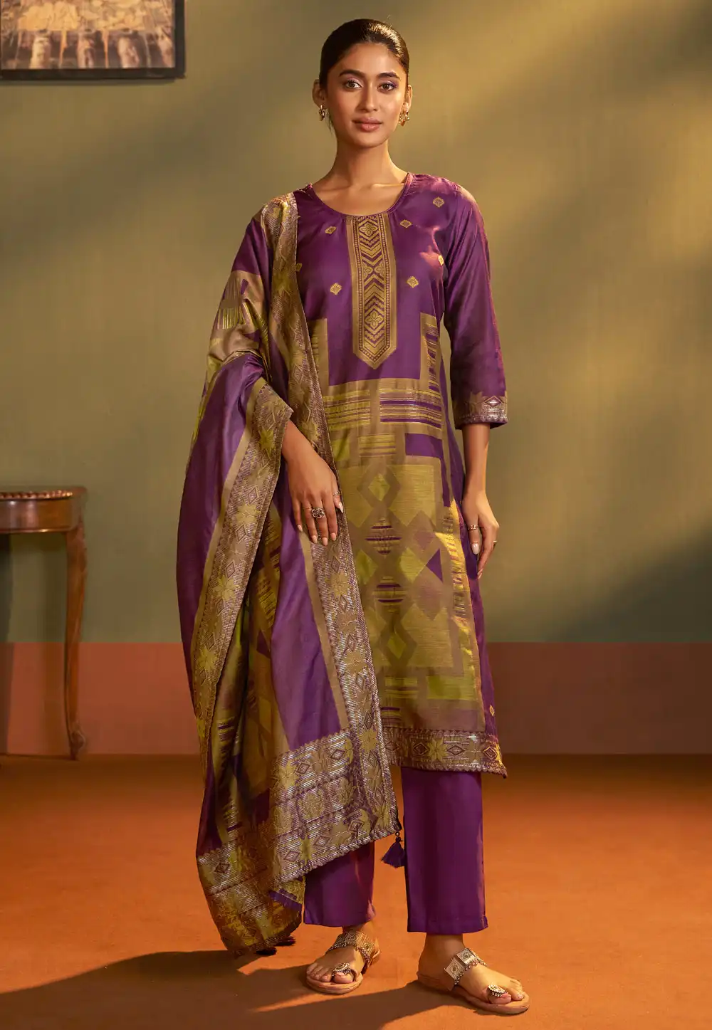 Purple Art Silk Readymade Pakistani Suit 321856