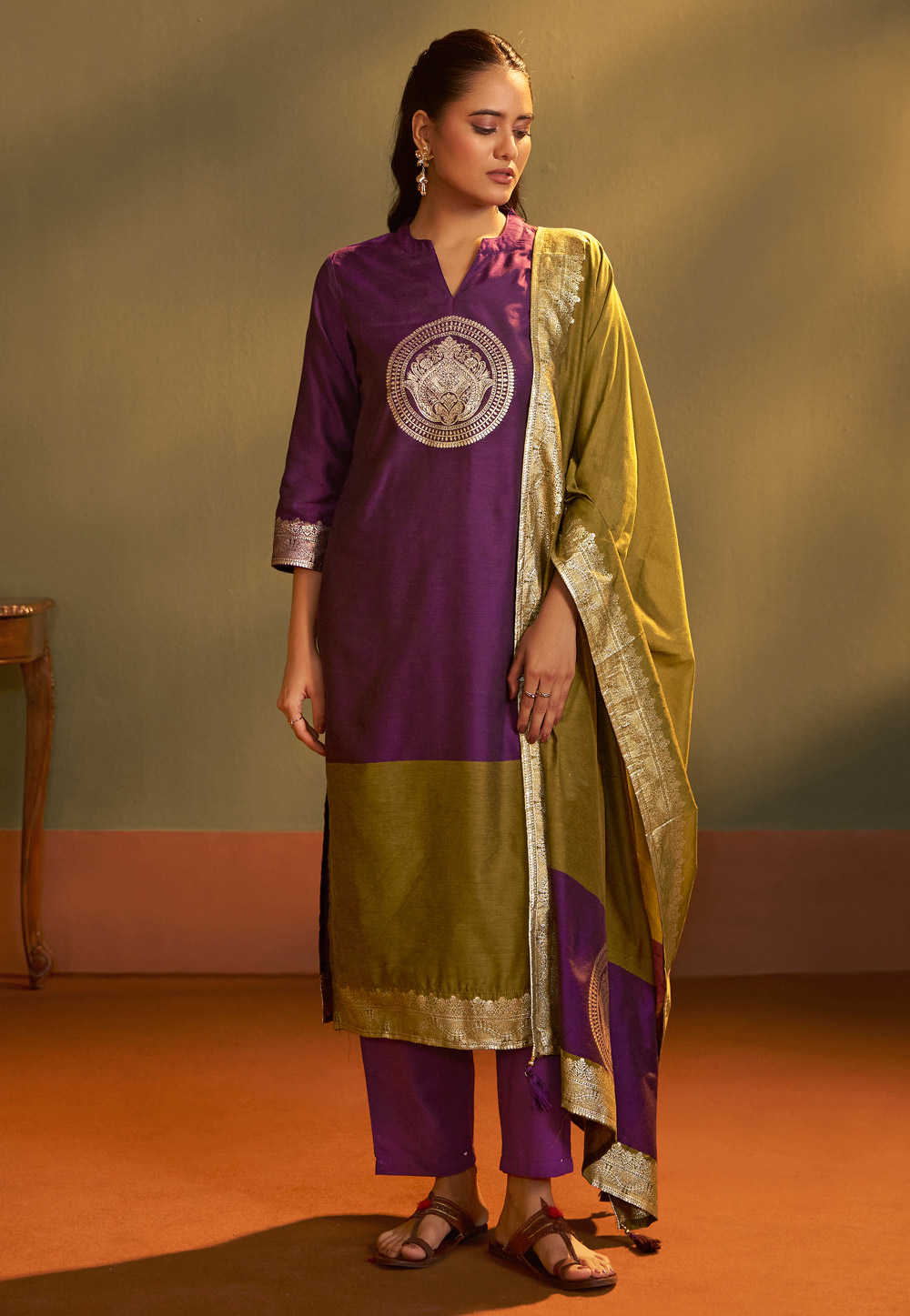Purple Art Silk Readymade Pant Style Suit 321859