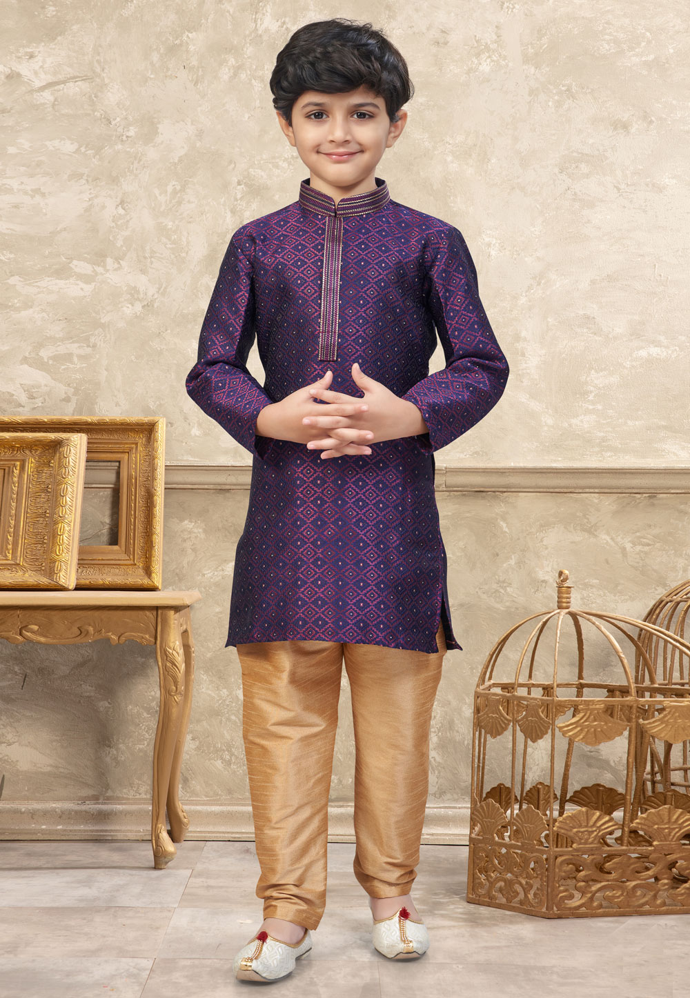 Purple Banarasi Jacquard Kids Kurta Pajama 324287
