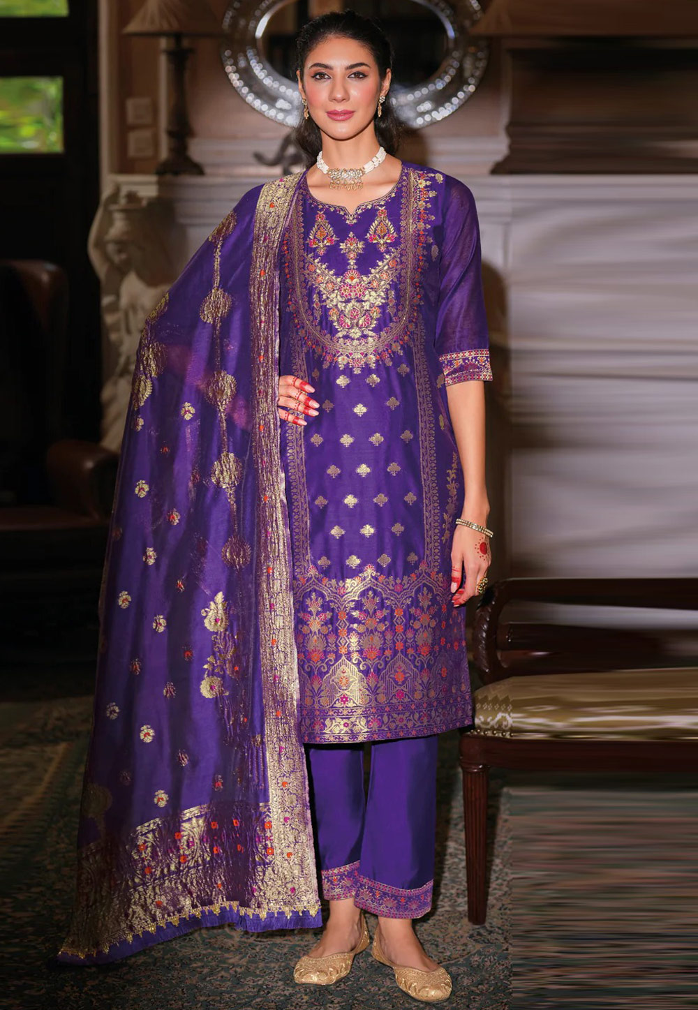 Purple Banarasi Jacquard Readymade Pakistani Suit 307093