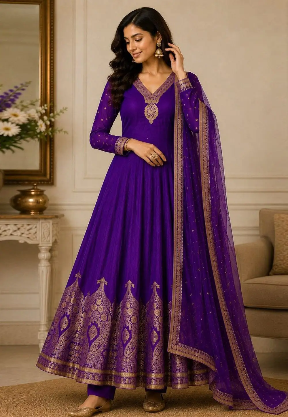 Purple Banarasi Readymade Anarkali Suit 332124