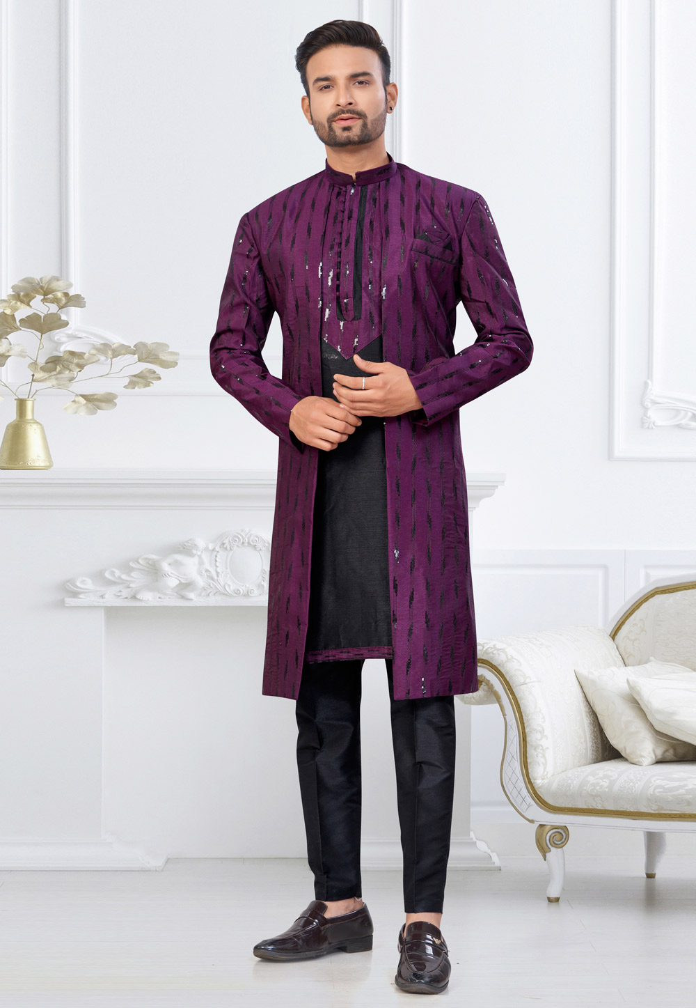 Purple Banarasi Silk Indo Western Suit 322893
