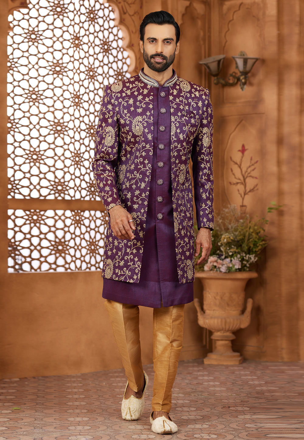 Purple Banarasi Silk Jacket Style Sherwani 306702