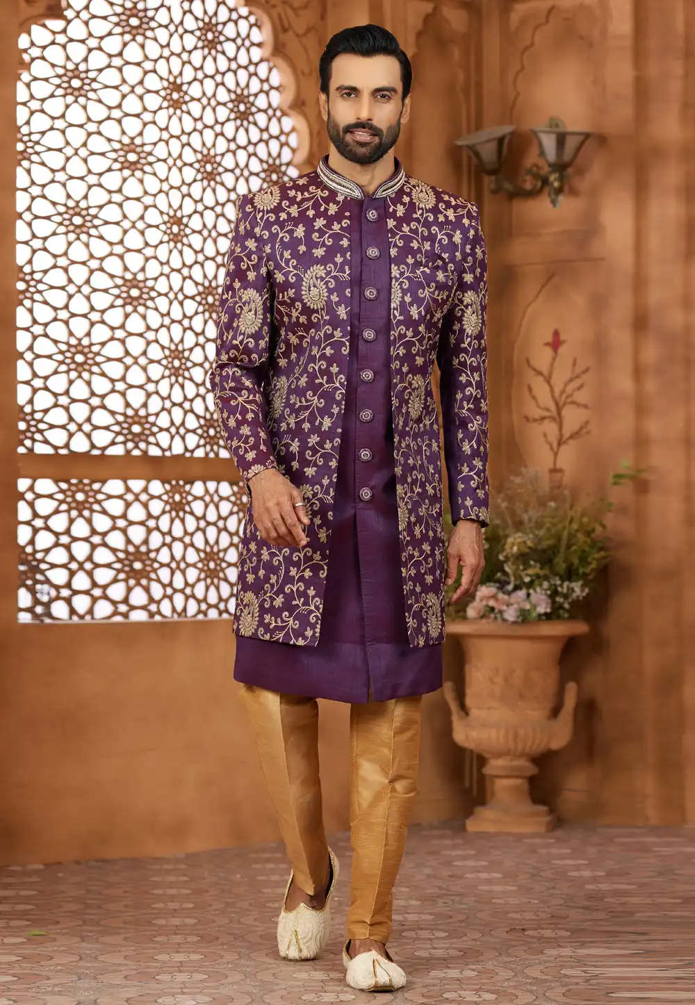 Purple Banarasi Silk Jacket Style Sherwani 306702