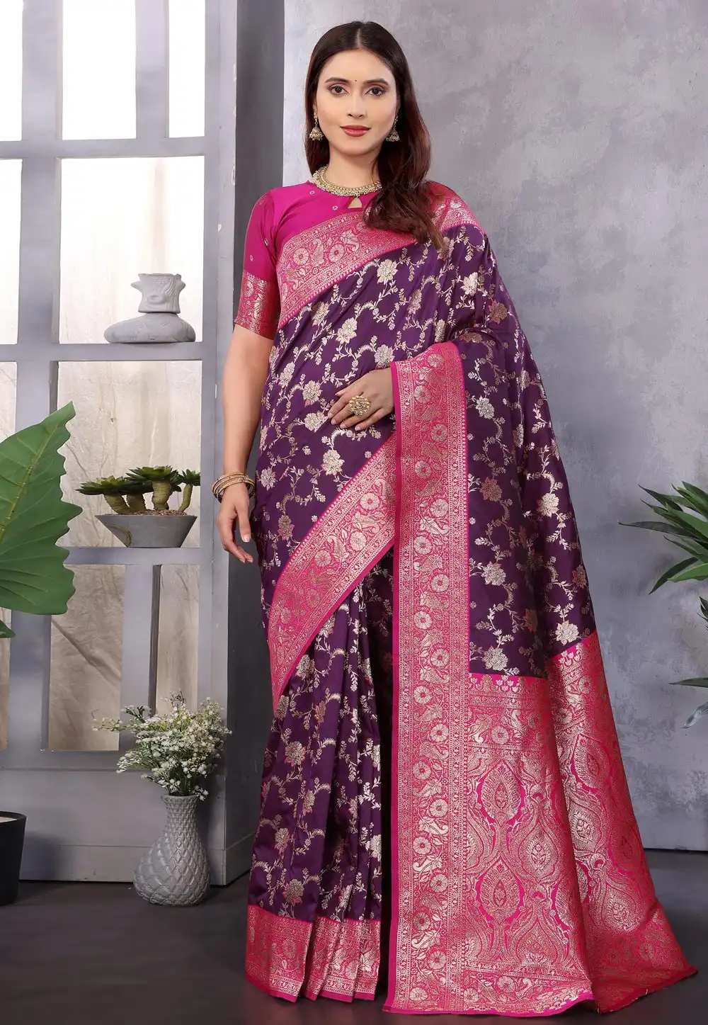 Purple Banarasi Silk Saree With Blouse 313967