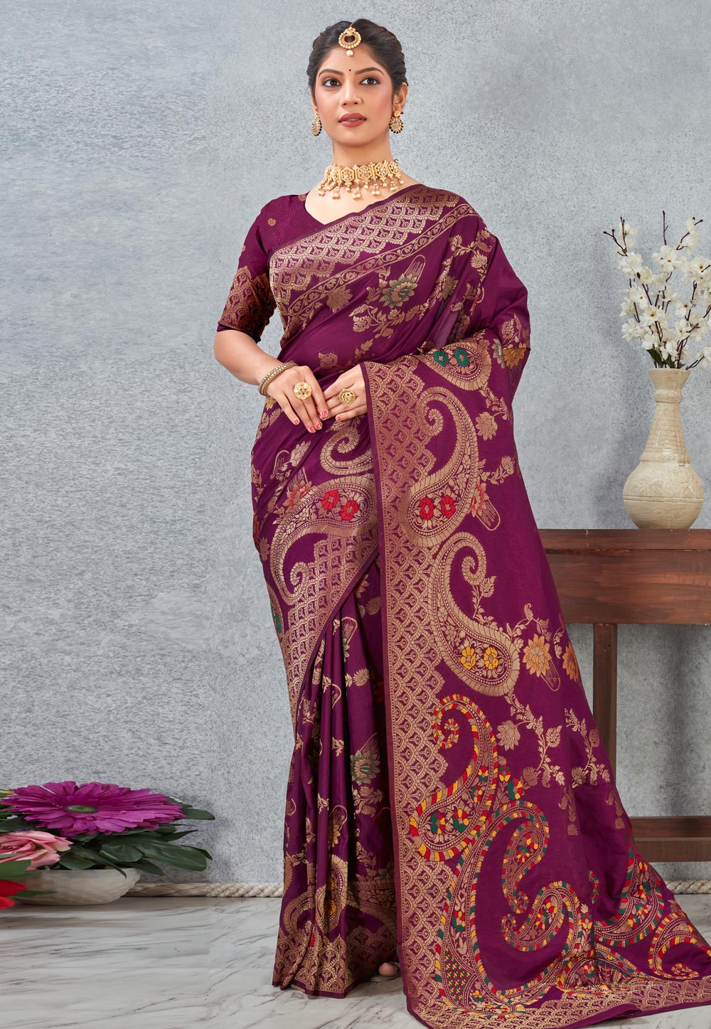 Purple Banarasi Silk Saree With Blouse 318195