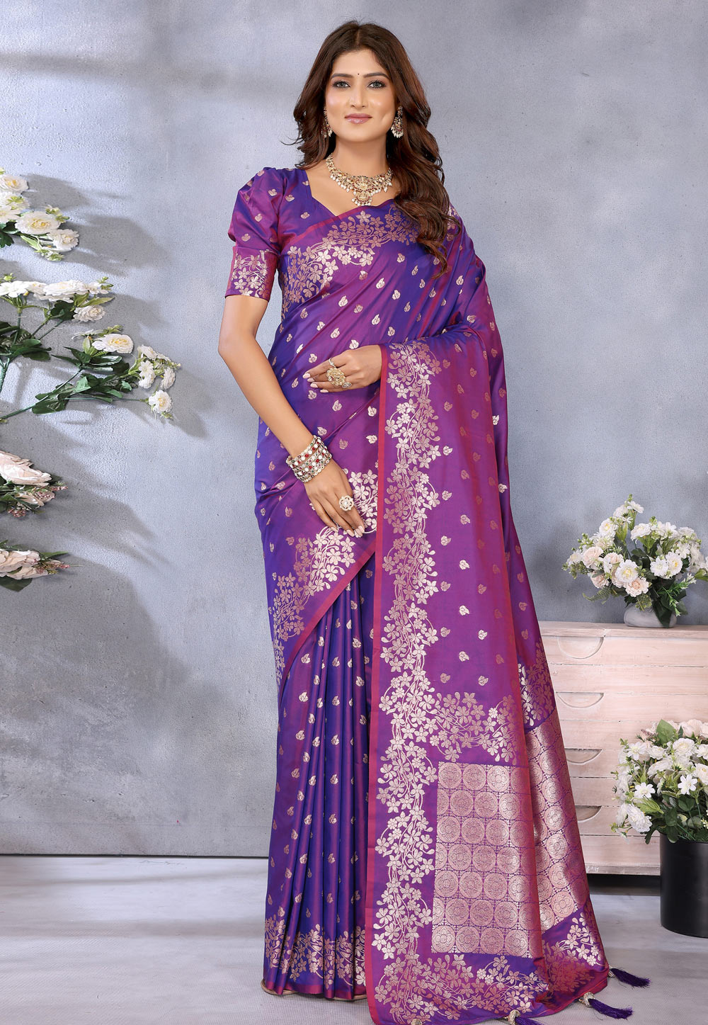 Purple Banarasi Silk Saree With Blouse 311446