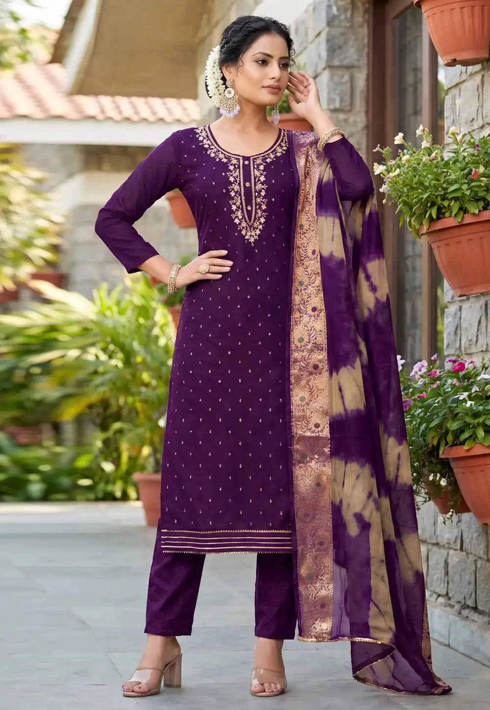 Purple Chanderi Cotton Pant Style Suit 327445