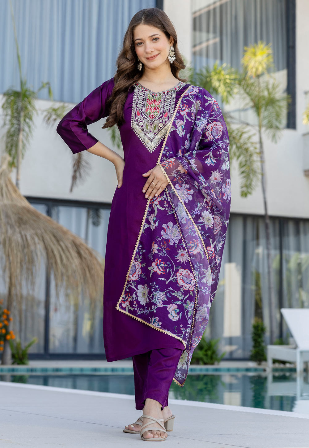 Purple Chanderi Cotton Readymade Pakistani Suit 324941