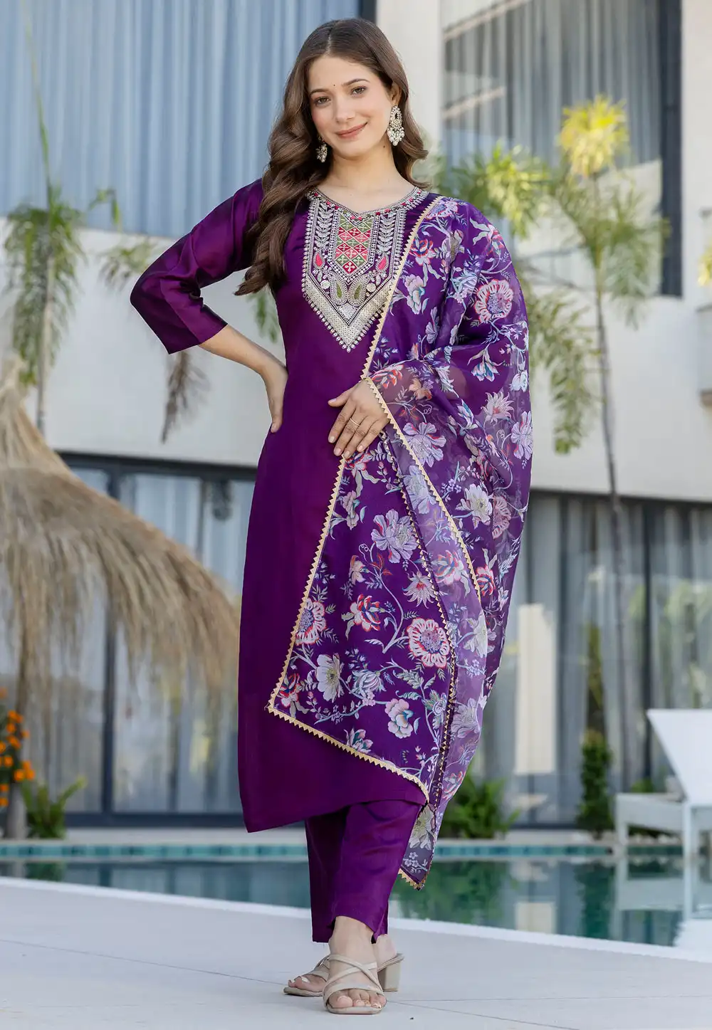 Purple Chanderi Cotton Readymade Pakistani Suit 324941