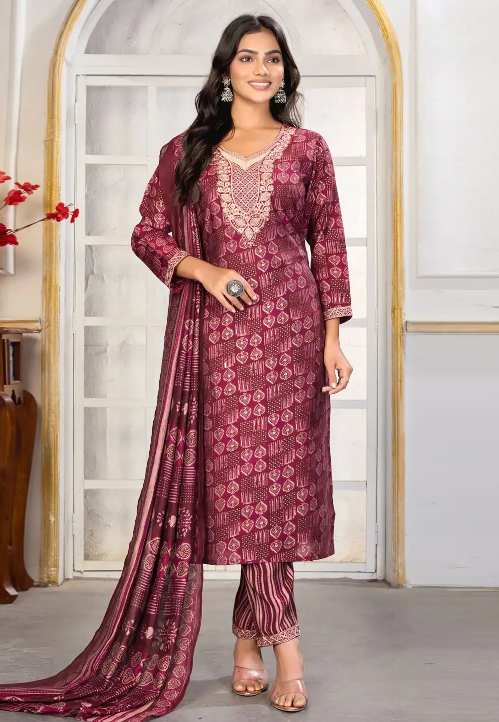 Purple Chanderi Readymade Pant Style Suit 318720