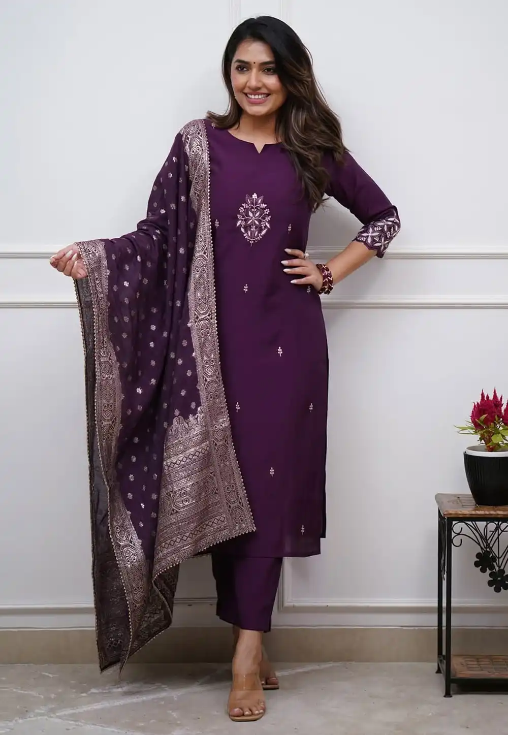 Purple Chanderi Readymade Pant Style Suit 319316