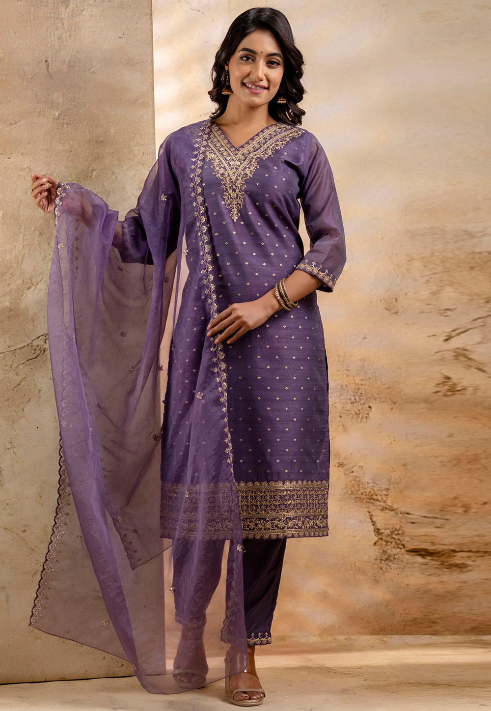 Purple Chanderi Silk Readymade Pant Style Suit 329979
