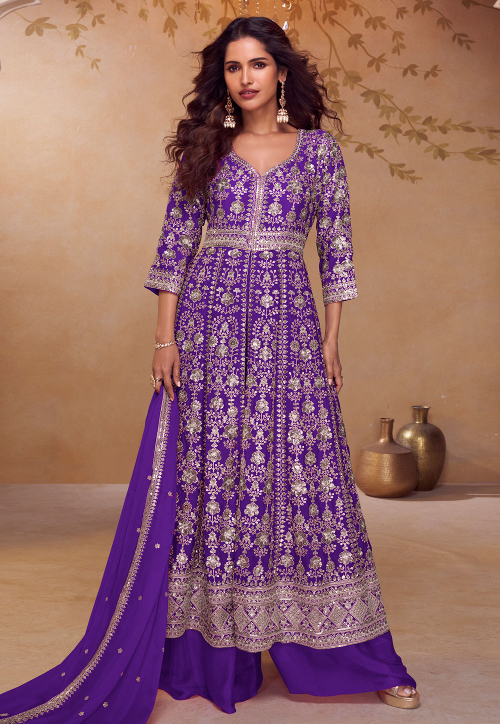 Purple Chinon Embroidered Center Slit Anarkali Suit 325563