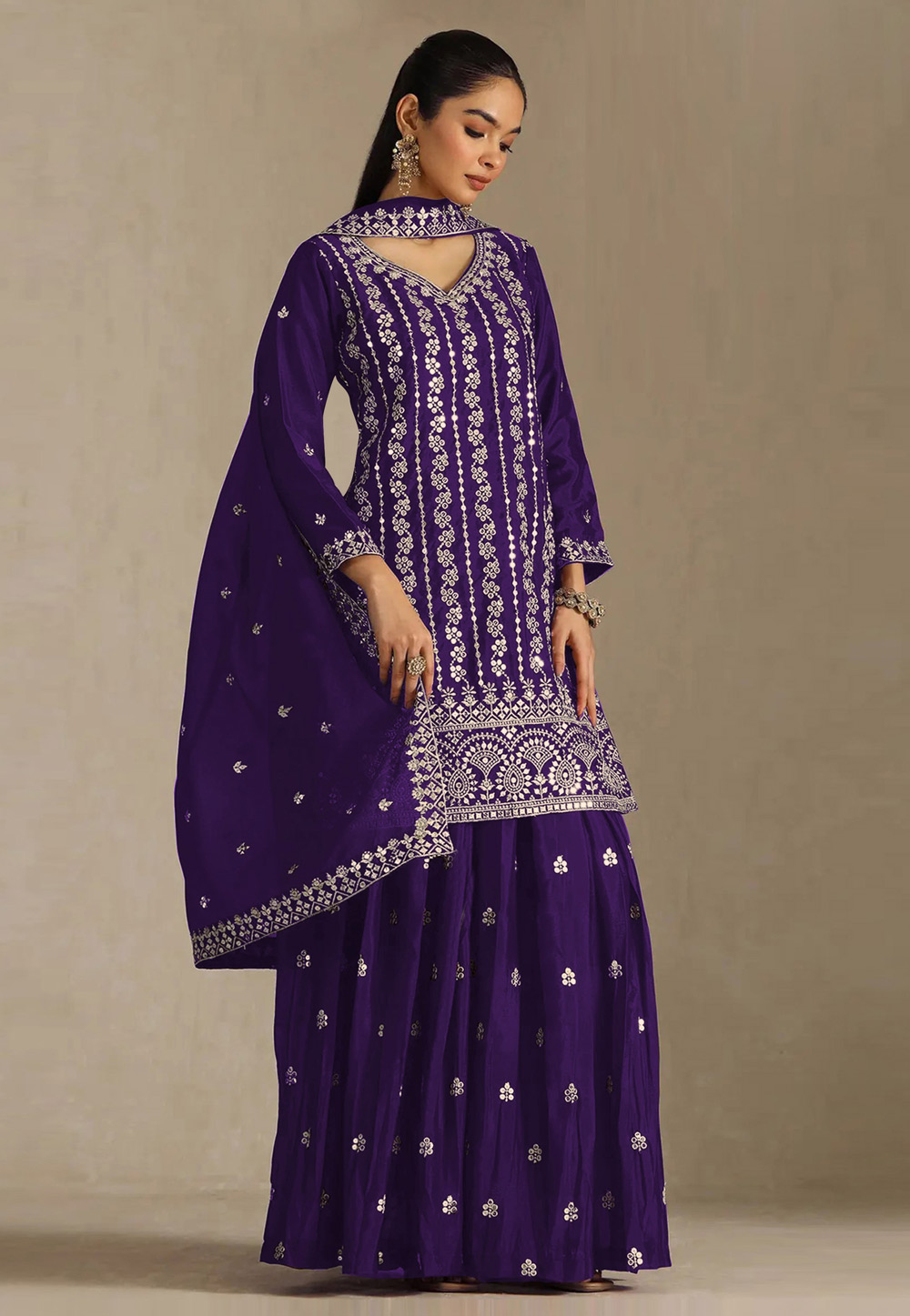 Purple Chinon Embroidered Palazzo Suit 330375