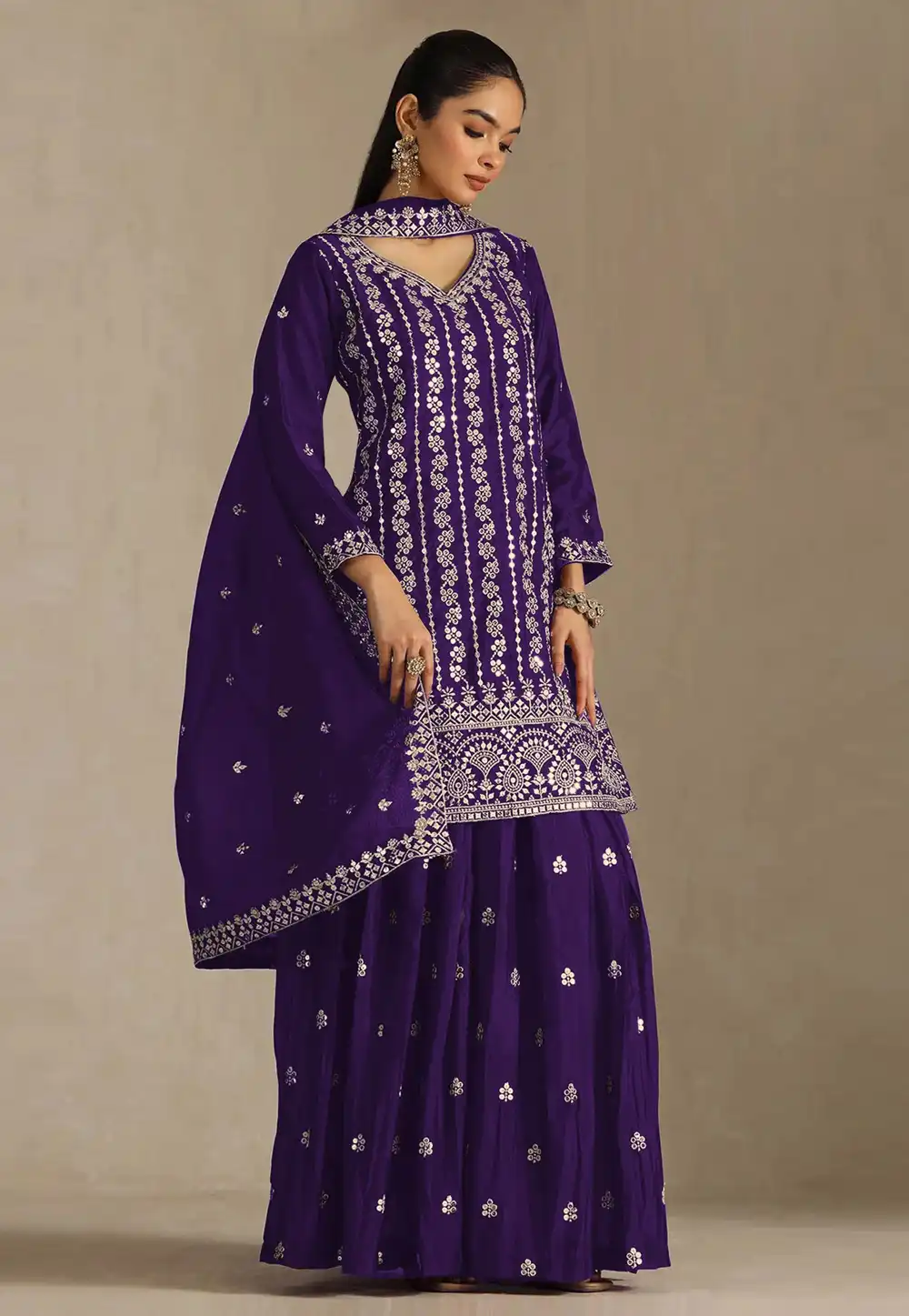 Purple Chinon Embroidered Palazzo Suit 330375