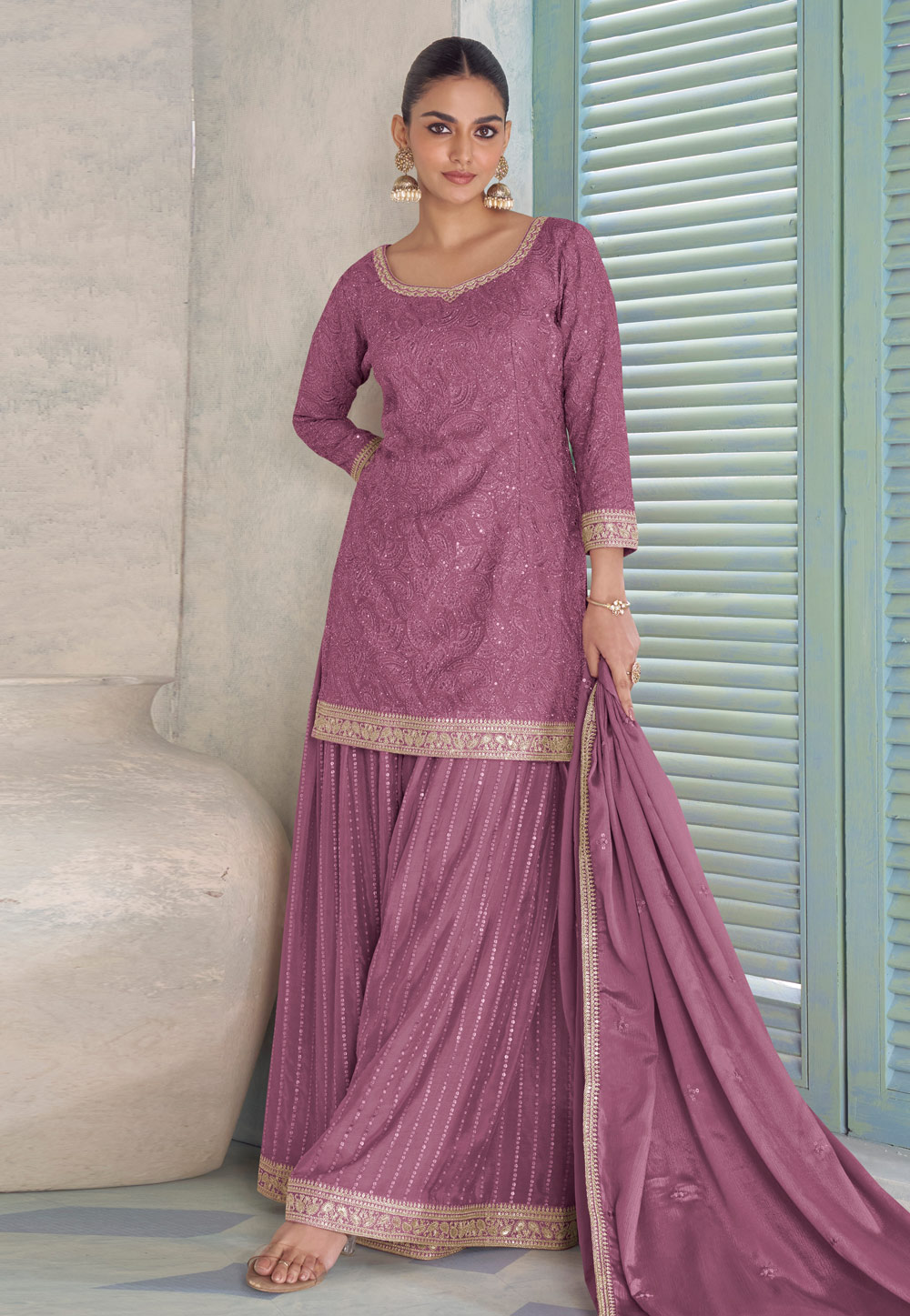 Purple Chinon Embroidered Palazzo Suit 326353